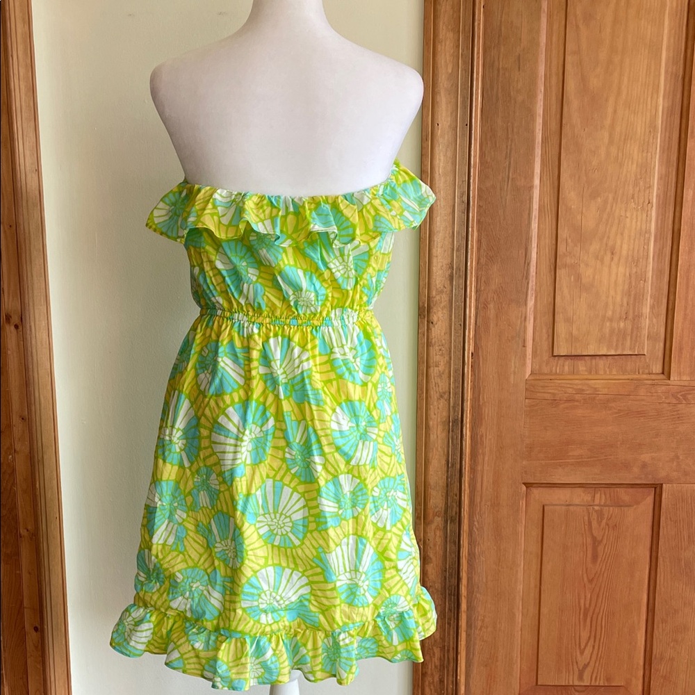 LILLY PULITZER Flor Pink Label Strapless Ruffle Mini Dress M Green Yellow VTG - Picture 9 of 17